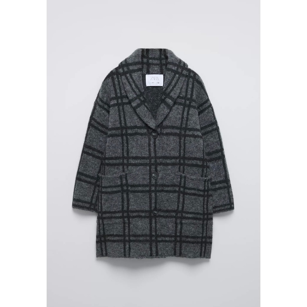 Fall Zara Plaid Shawl Collar Cardigan Girls 13-14 Grey Black Grid Knit Coat